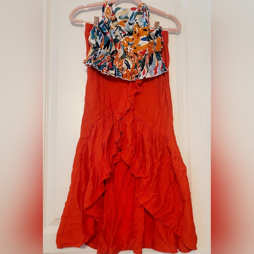 2 PC Vibrant Orange Ruffled Skirt & Cropped Mulicolored Halter Set Size S
